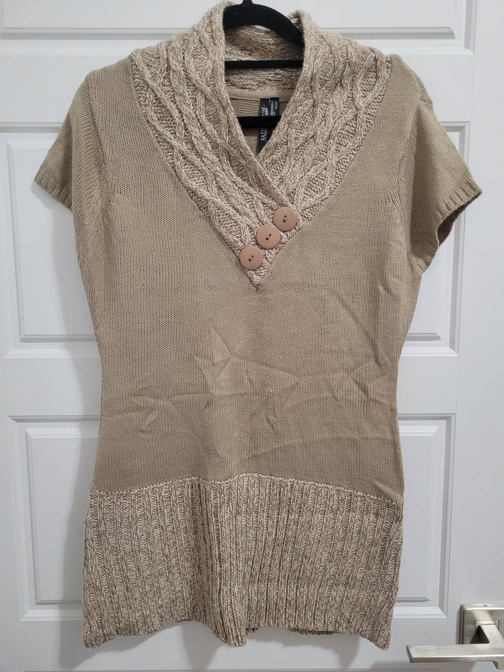 Cable-Trim Short-Sleeve Tunic Sweater in Beige